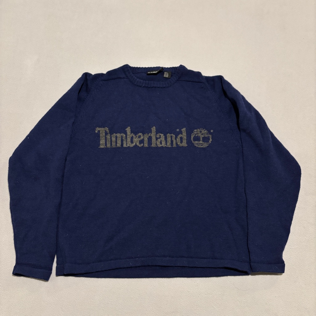 Rare Vtg Timberland Performance Pullover Sweater Large Navy Wool Spellout Logo